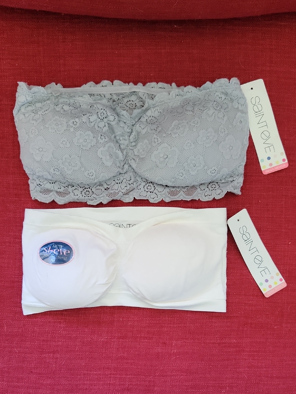 Saint Eve Lace & Smooth Strapless Bandeau Bra Set in Light Gray and White
